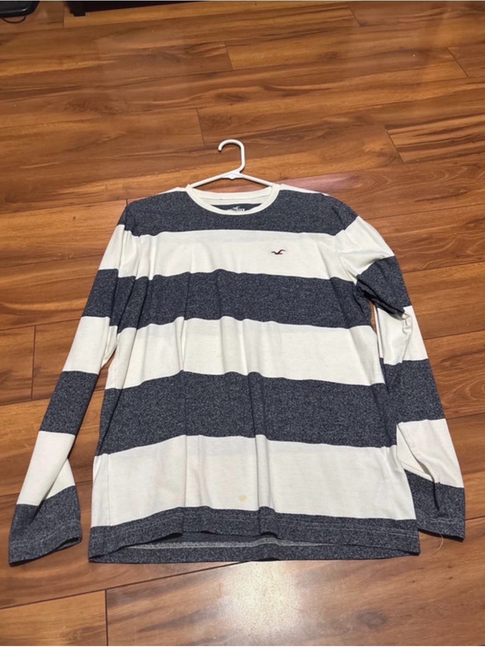 Hollister Men's Wide Navy & White Striped Long-Sleeve Crew